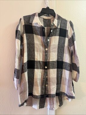 Soft Surroundings Black and Cream Plaid Shirt